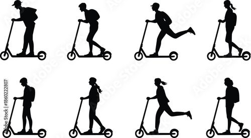 Electric scooter riders silhouettes collection showing men and women commuting, urban mobility transport poses in clean black vector illustration style