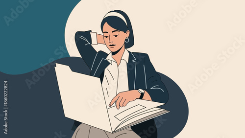 Contemporary digital illustration of a woman working on a laptop with a focused expression