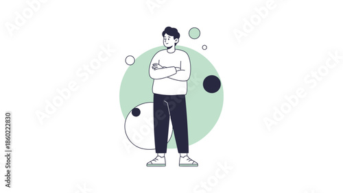 Modern minimalist illustration of a confident young man standing with crossed arms surrounded by