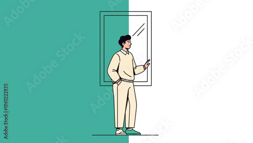 Modern minimalist illustration of a young man standing by a large window contemplating in a