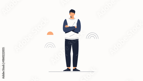 Modern minimalistic illustration of a confident young man standing with crossed arms and abstract