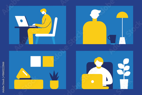 Minimalist Illustration of Remote Professionals Working from Home in a Virtual Meeting Grid