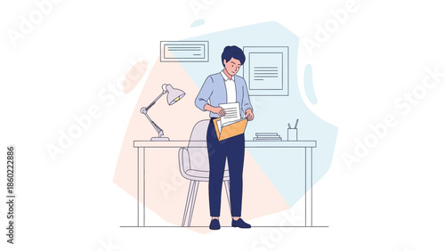 Modern professional businesswoman reviewing documents at her desk in an office setting with