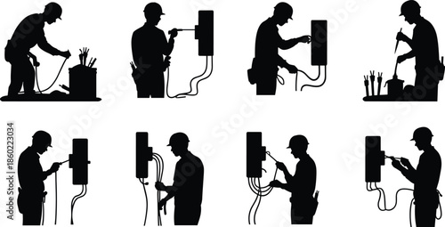 Electrician silhouette set with workers installing electrical panels, wiring cables, and using tools for industrial maintenance isolated on white