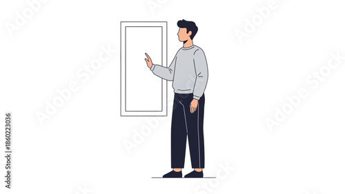 Modern young man using a smartphone standing in front of window illustration