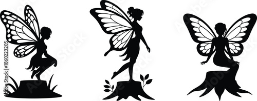 Fairy silhouettes collection featuring winged magical women in fantasy poses, enchanted woodland characters illustrated in elegant black vector style