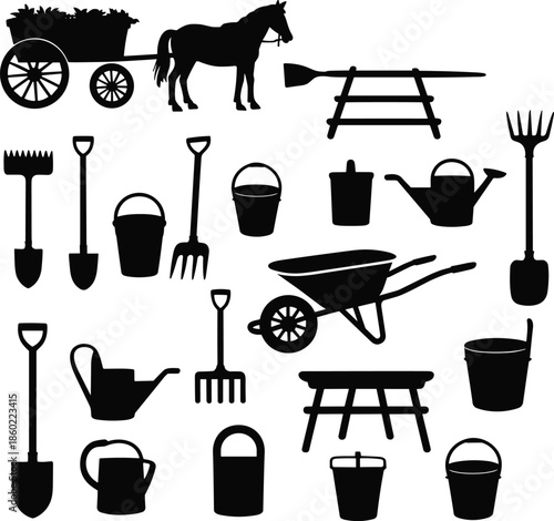Farm and gardening silhouette set with horse cart, wheelbarrow, tools, buckets, and watering cans isolated on white