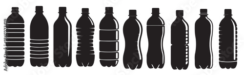 ten black silhouettes of plastic bottles various shapes 