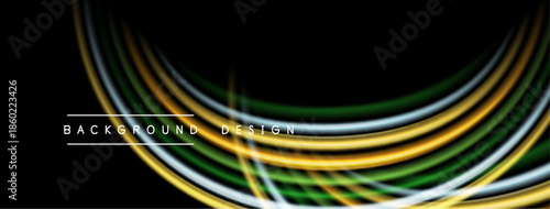 Abstract flowing lines create dynamic wave pattern. Colors blend, forming modern background design. Dark space emphasizes vibrant curves.