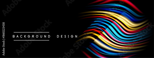 Abstract colorful lines form dynamic wave pattern. Black background emphasizes vibrant design elements. Modern aesthetic.