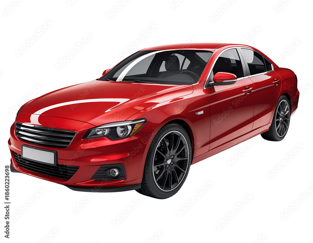 Fototapeta premium Three Quarter Front View Red Sedan Isolated on Transparent Background