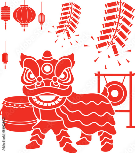 Chinese lion dance graphic with red lanterns and firecrackers  Vector illustration