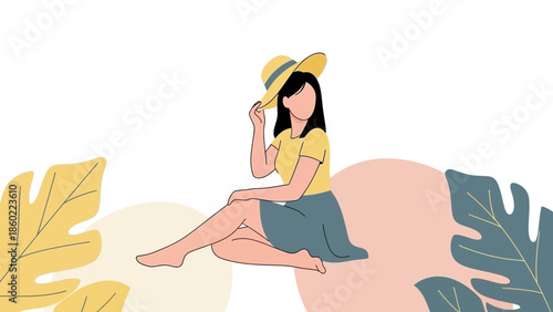 Serene woman sitting outdoors with a sunhat relaxing amidst nature scenery and large decorative