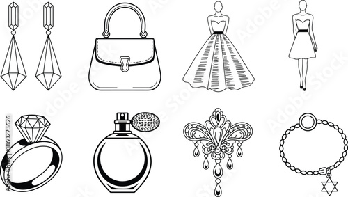 Fashion accessories illustration set featuring jewelry, handbags, dresses and perfume icons, elegant women clothing line art isolated on white background