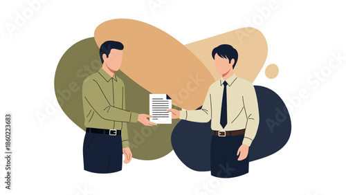 Professional Document Handing and Transfer between Businessmen in a Modern Office Setting