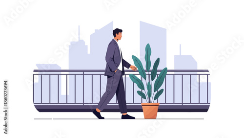 Businessman Walking on a Balcony with Potted Plant against Urban Skyline