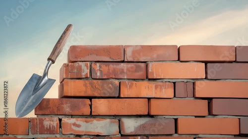 Garden trowel resting on stacked red brick wall at sunset warm masonry mortar construction wall