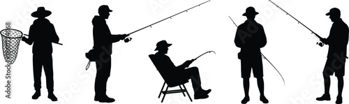 Fishing silhouette set with anglers holding rods, nets, and chairs isolated on white background for outdoor sport design
