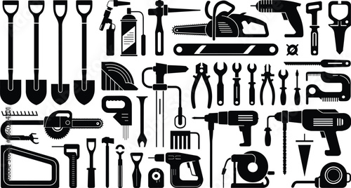 Hand tools and power tools silhouettes collection featuring construction, repair and workshop equipment icons in detailed black vector illustration set