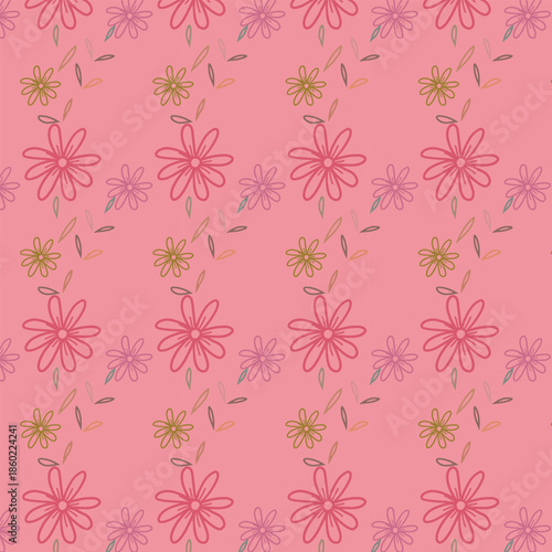 
Seamless vector pattern featuring an eclectic mix of multi-colored wildflowers.shapes and a rich palette, perfect for high-resolution textile prints, wallpaper, and digital backgrounds
repeat pattern