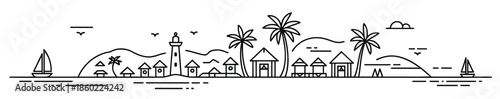 tropical island village with lighthouse and sailboats line