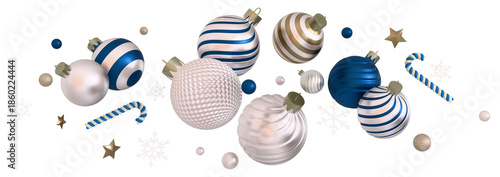 3d Christmas card, holiday wallpaper. Assorted Christmas baubles and candy canes. Smooth shiny silver and blue material. 3D render. PNG.