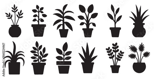 twelve black silhouette houseplants in pots and vases simple 