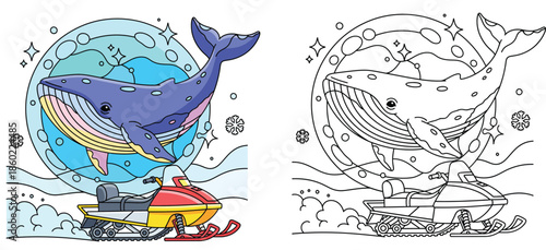 A cartoon depicting a red snowmobile and blue whale in a winter setting