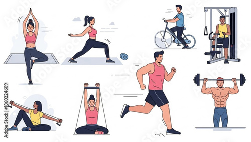 A vibrant collage of eight people engaging in various fitness activities such as yoga, running, cycling, weightlifting, and exercise machines in a colorful