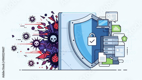 Shield protects computer system from cyber threats and viruses with padlock security