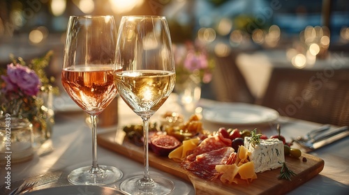 Elegant Wine and Appetizer Still Life Table Setting in Sunlight