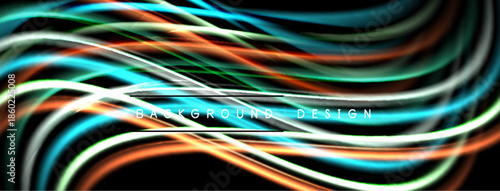 Abstract neon lines create dynamic waves. Vivid colors blend against dark background. Modern design element for digital projects.