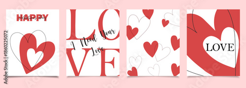 Valentine's Day greeting card set with red and white hearts, romantic love typography, cute heart illustrations, modern minimal design, perfect for February 14 celebration, couples, and gifting.