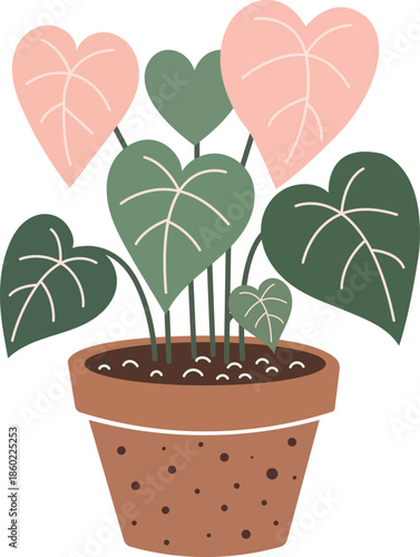 Cute cartoon heart shaped leafed plant in terracotta pot with decorative  hearts Vector illustration
