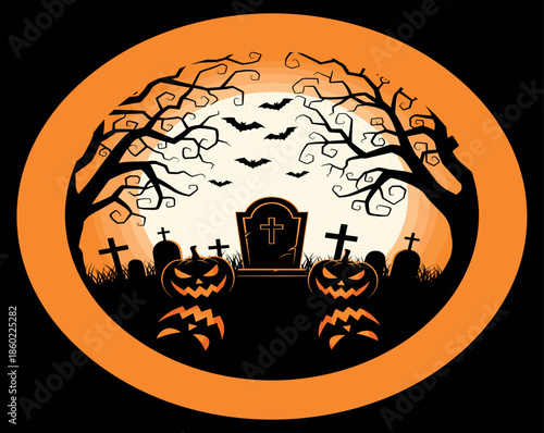 Halloween graveyard scene in orange circle with spooky tombstones scary pumpkins bare trees and bats flying under a full moon flat vector illustration.