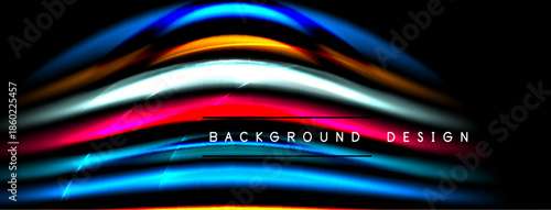 Abstract vibrant lines create wave form. Dark background emphasizes bright colors, modern design element.