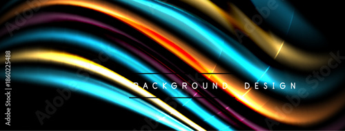 Abstract flowing ribbons, vibrant colors, dynamic curves. Dark background enhances luminosity, creating modern visual impact.