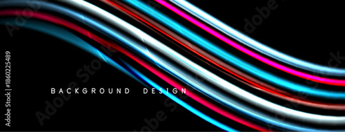 Abstract flowing lines create dynamic colorful background. Bright shades contrast against dark space, offering modern visual appeal.