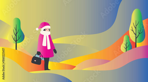 Person in pink winter coat and hat with scarf and bag