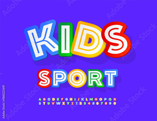 Vector Activity concept Kids Sport. Unique Colorful Font. Bright Sticker Alphabet Letters and Numbers set.