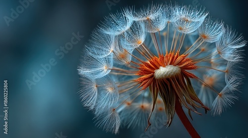 Detailed Macro Shot of a Dandelion Seed Head on Blue Background
