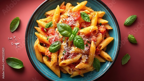 Fresh Penne Pasta with Tomato Sauce and Basil Leaf Culinary Still Life