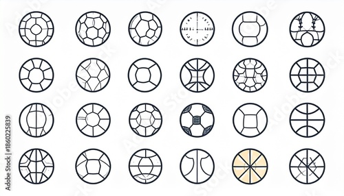 A grid of various sports ball icons and geometric circular patterns on a white background, showcasing diverse designs.