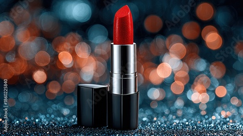 Glamorous Still Life Red Lipstick Beauty Product With Bokeh Background