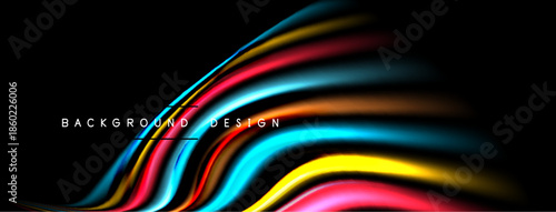 Abstract colorful lines flow across black background. Dynamic curves create modern visual effect. Bright shades emphasize design elements.