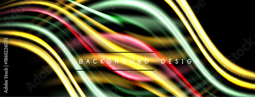 Abstract colorful lines flow across dark background. Vibrant curves create dynamic visual texture, modern design element.