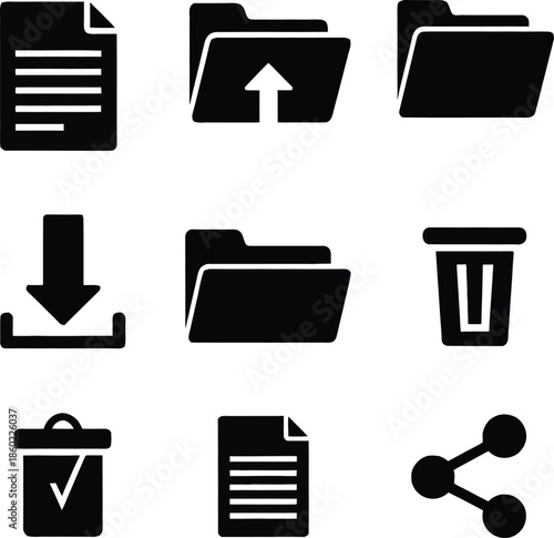 Black icons for document folder download upload trash share
