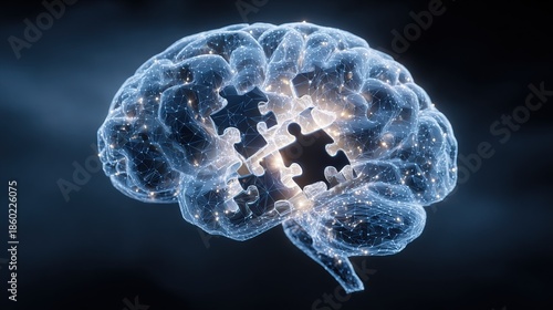 Conceptual Plexus Brain with Jigsaw Puzzle Pieces Emerging Illustration