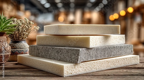 Still Life Close-up of Stacked Foam Material Samples on Wood Surface