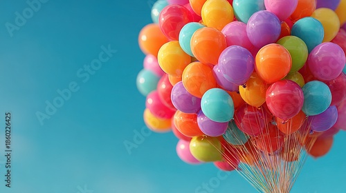 Vibrant Colorful Bunch of Helium Balloons Floating in the Sky